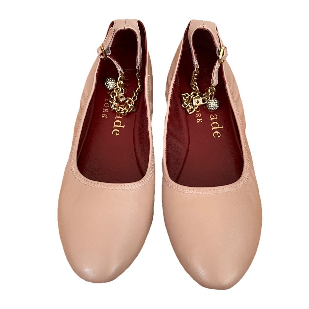 Kate Spade Ballet Flats Womens Size 8 Blush Pink Ankle Chain Charm Slip On Shoes